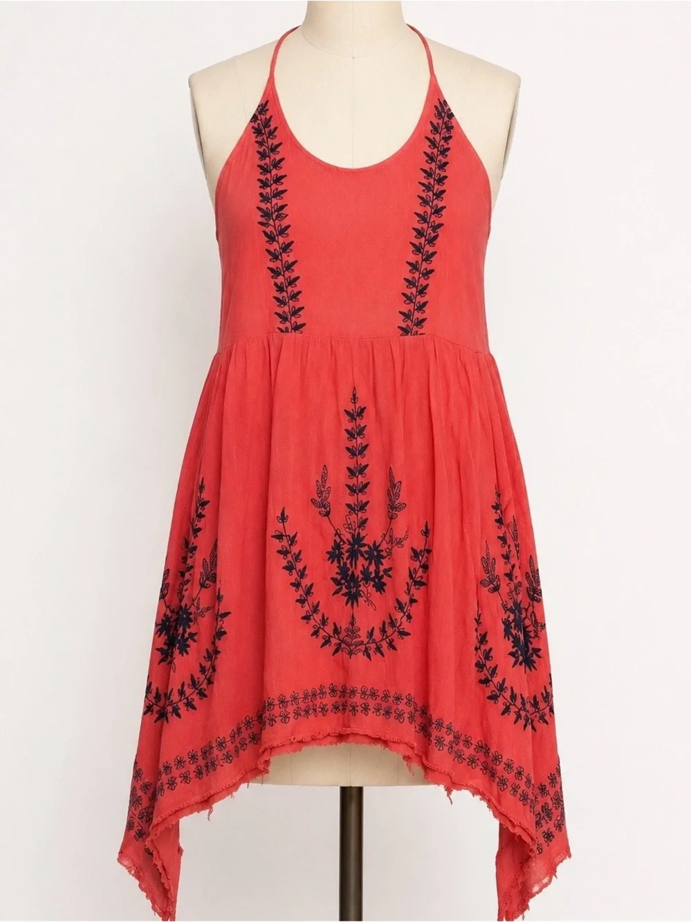 Free People M Coral Salmon Embroidered Handkerchief Hem Tunic Dress